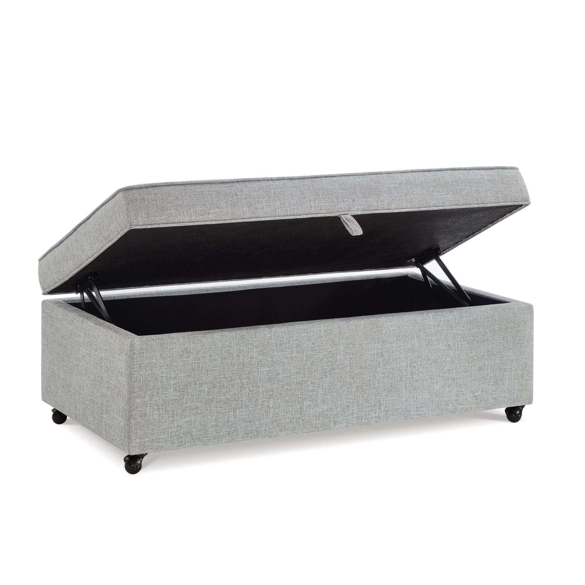 Grey upholstered storage ottoman with wheels and open lid