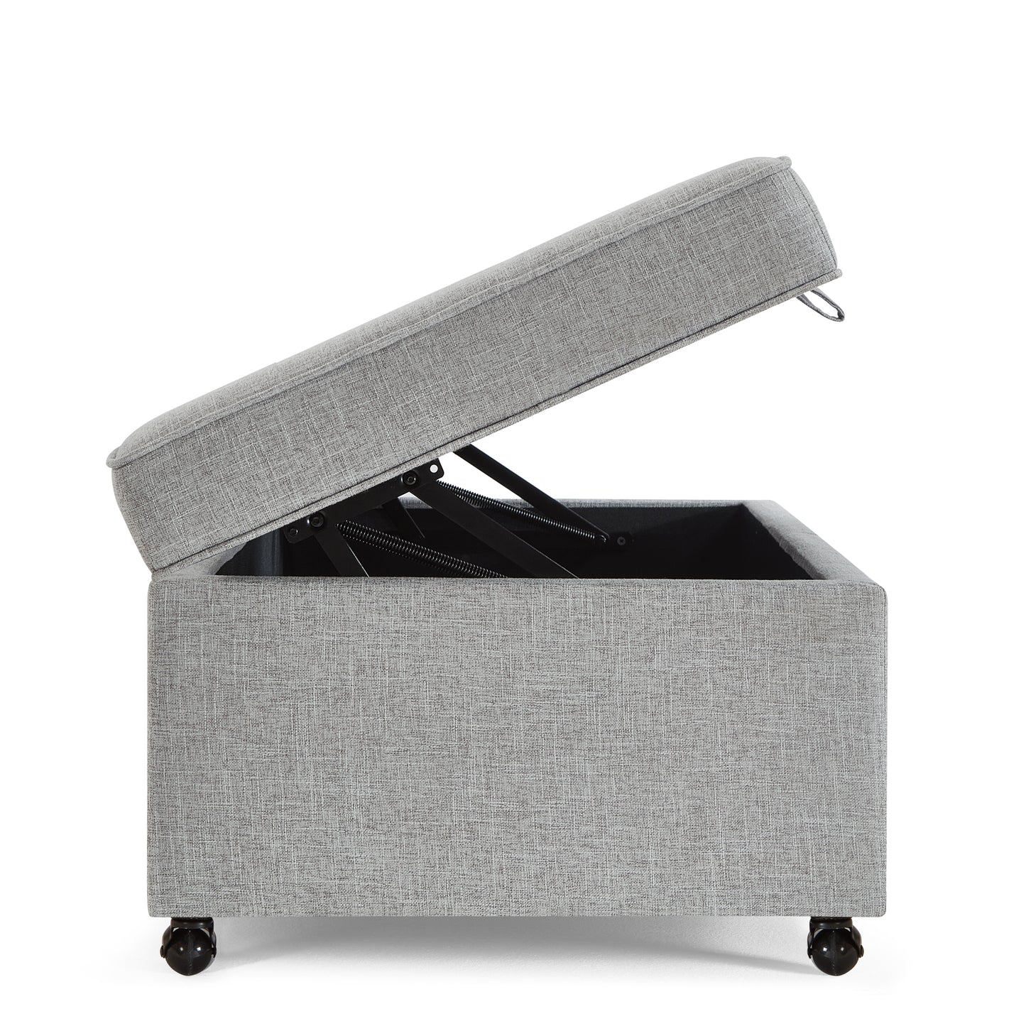 Gray fabric storage ottoman with lid open on wheels