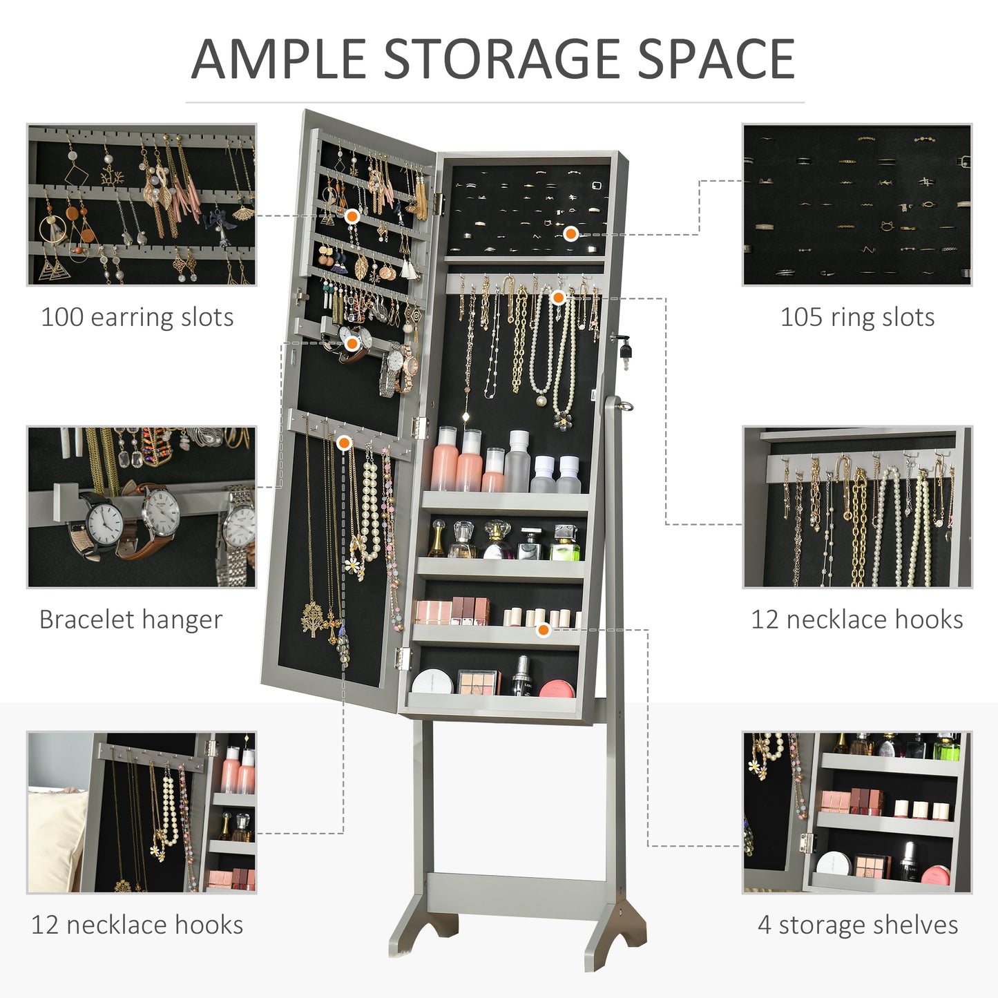 Gray jewelry armoire with  earring slots and ample necklace storage
