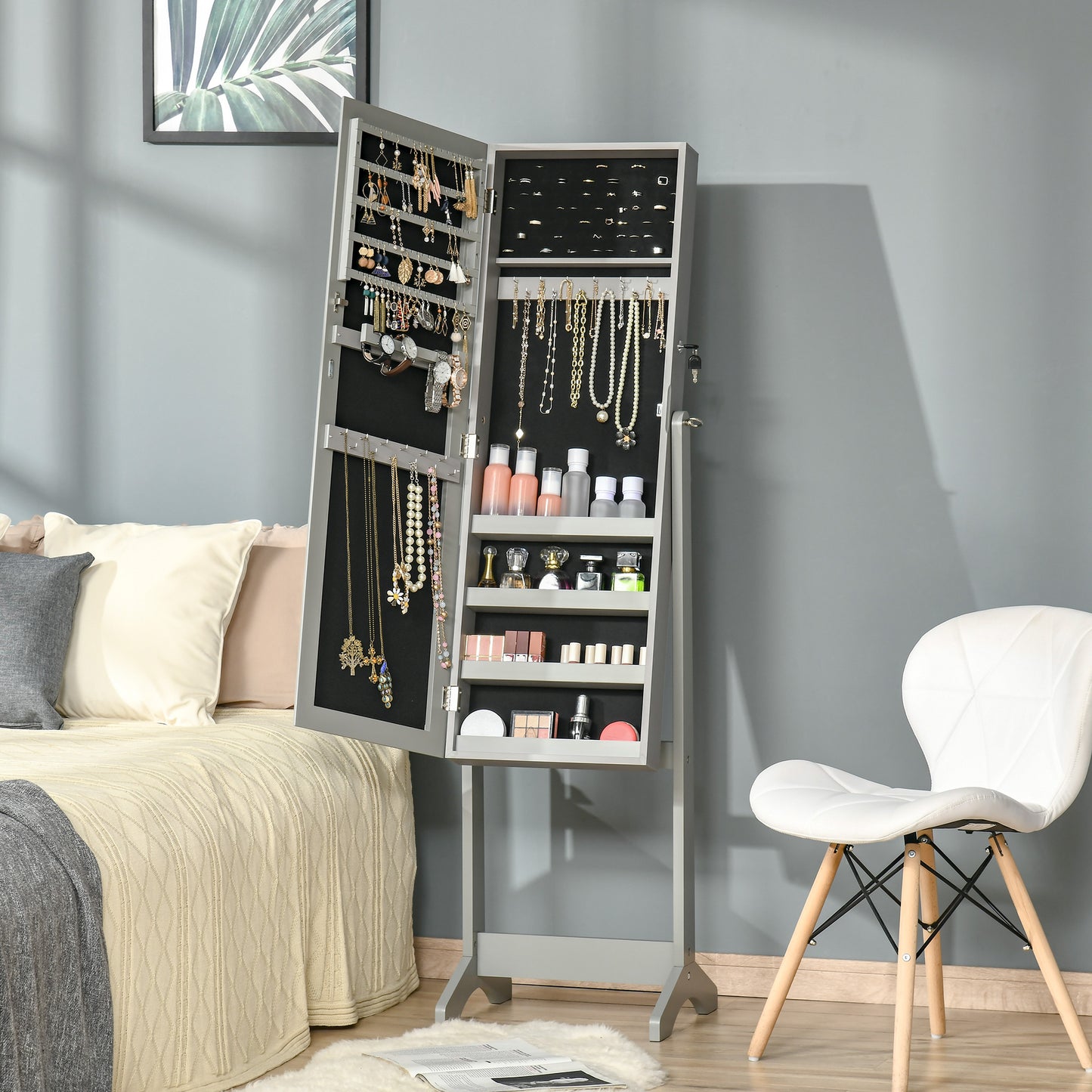 Gray standing jewelry armoire with multiple shelves and necklace organizers