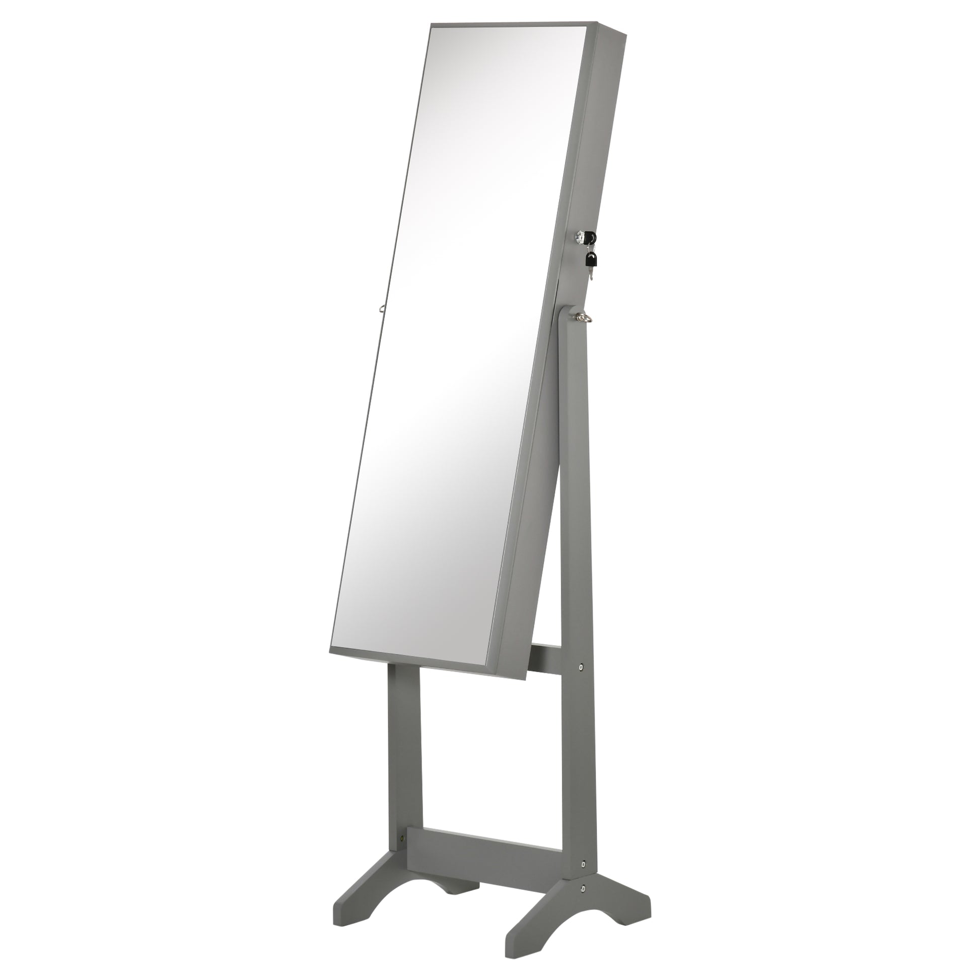 Grey wooden jewelry armoire with fulllength mirror and lock