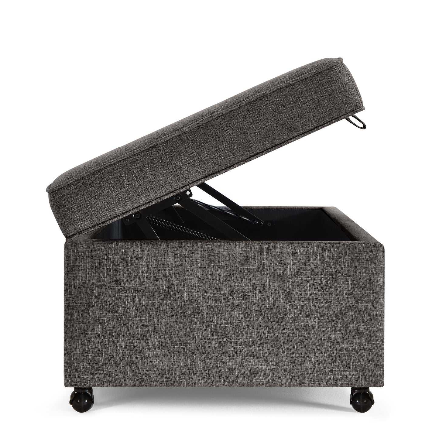 Dark grey fabric storage ottoman with lid open revealing storage and wheels