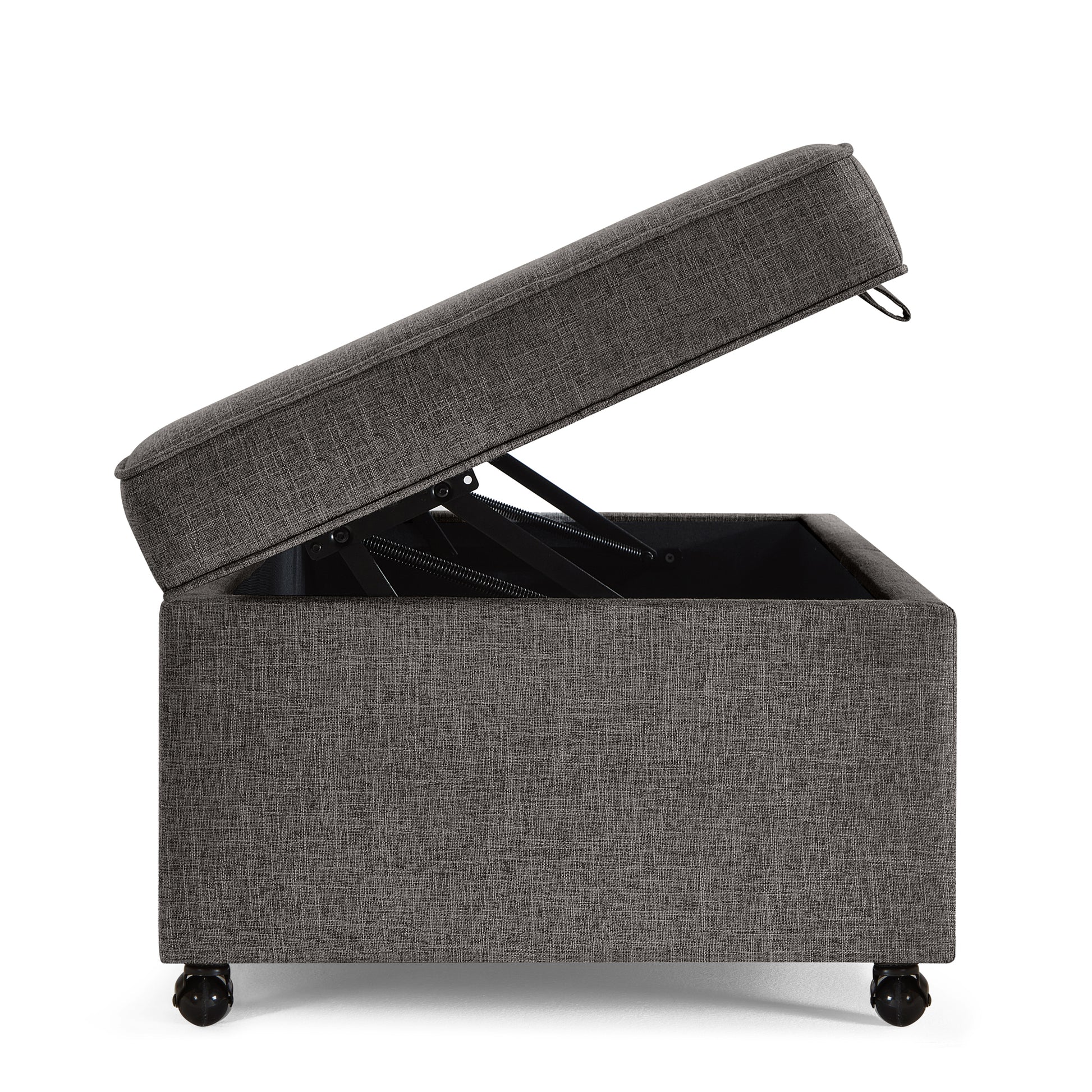 Dark grey fabric storage ottoman with lid open revealing storage and wheels