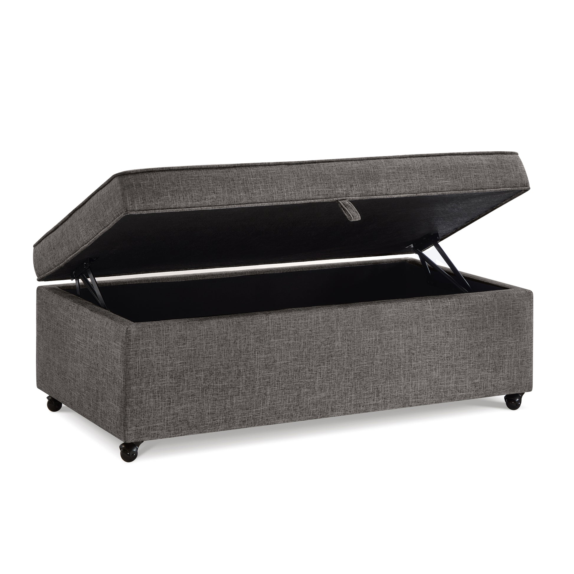 Dark gray fabric storage ottoman with open lid and wheels