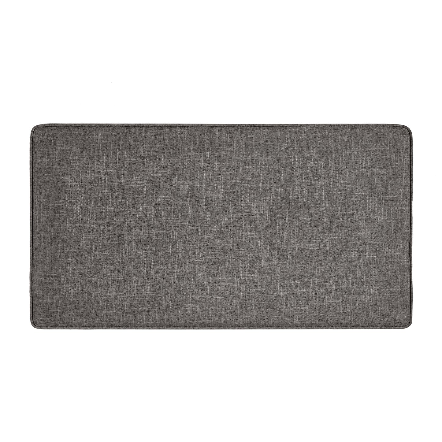Grey upholstered bench cushion with textured fabric
