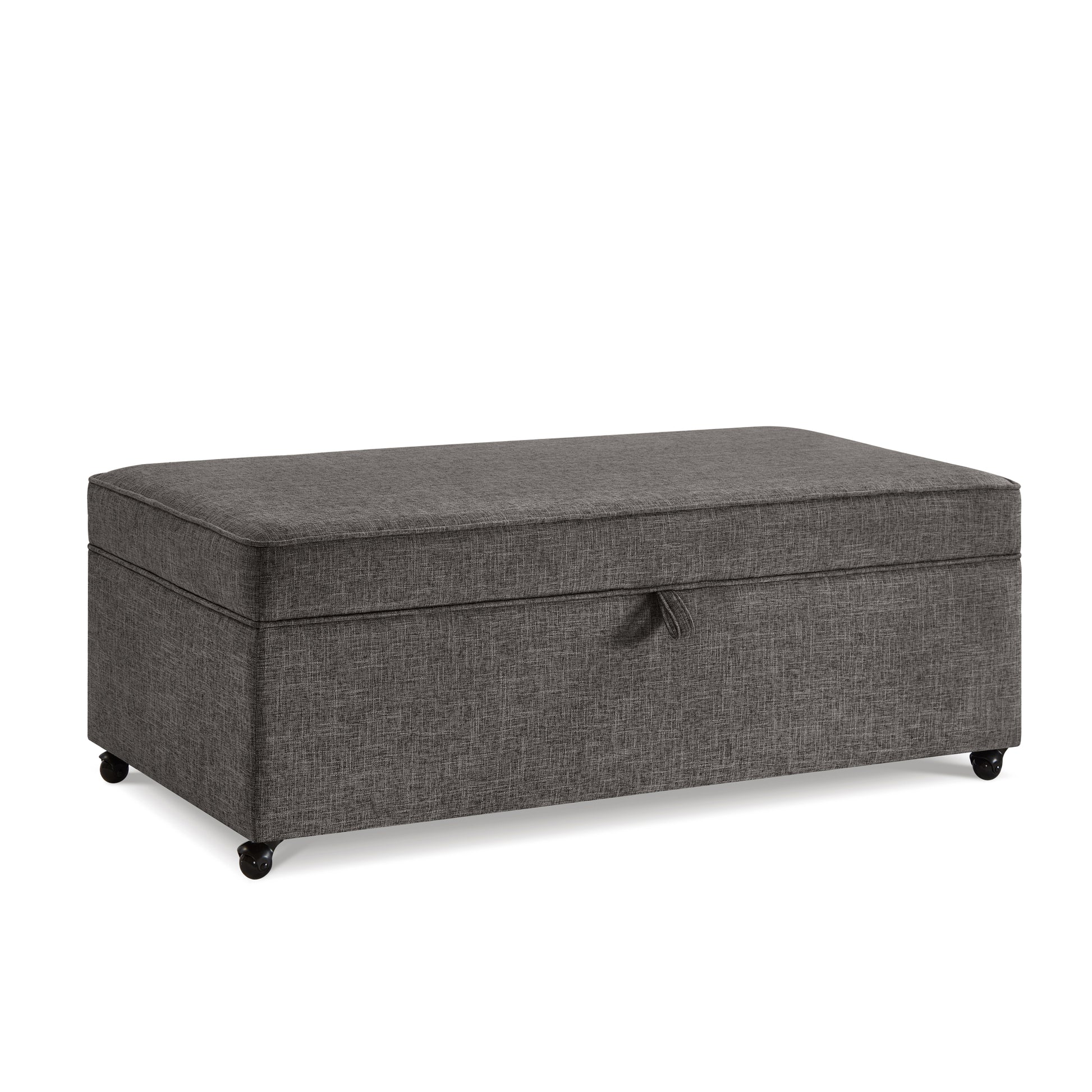 Gray fabric storage ottoman with black caster wheels and a lifttop lid for storage