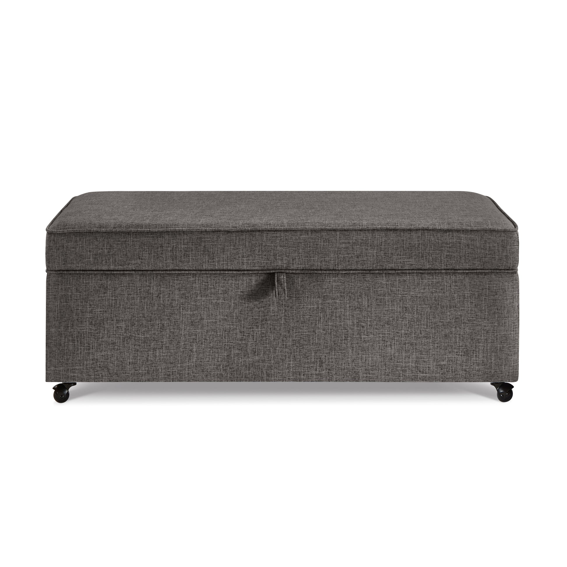 Dark grey upholstered storage ottoman with a lifttop lid and hidden wheels