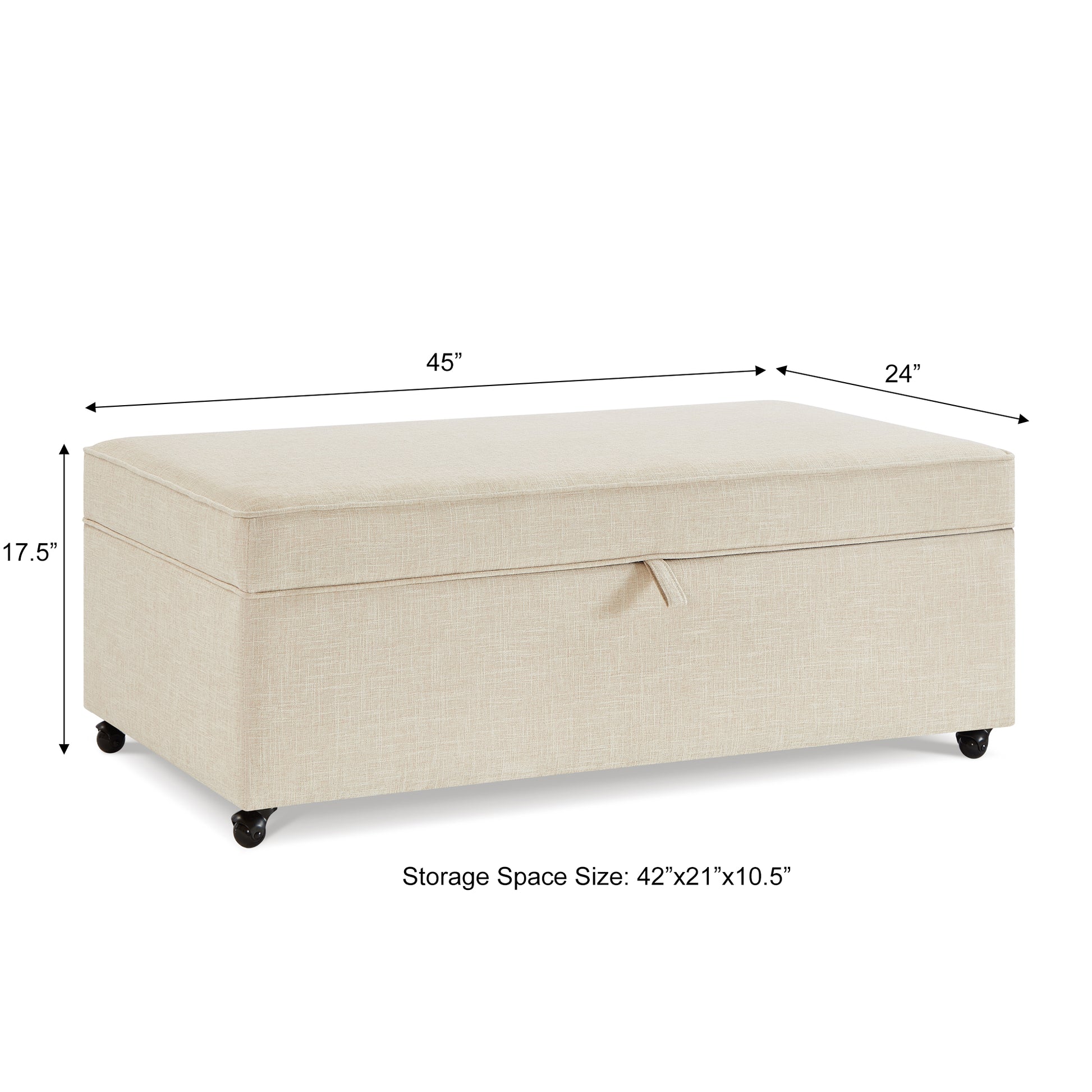 Beige upholstered storage ottoman with lifttop lid and black casters