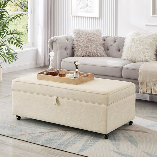 Beige linen storage ottoman with hidden wheels and a wooden tray on top