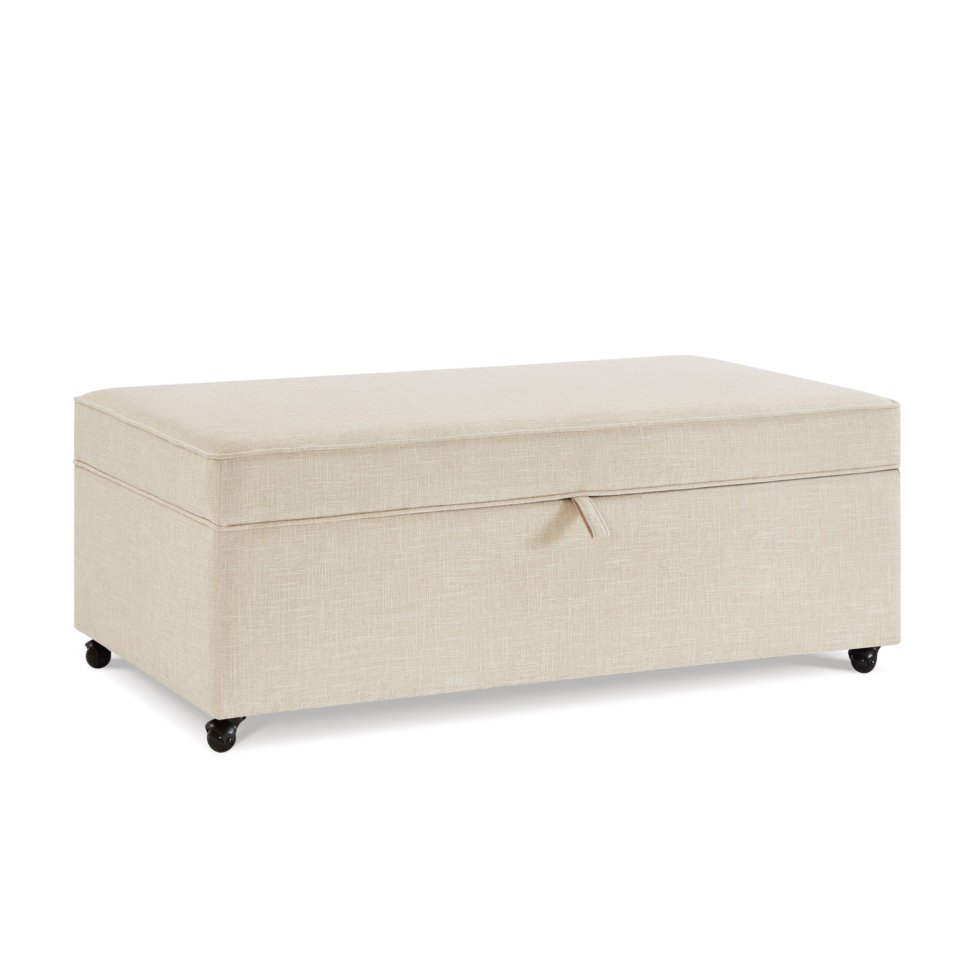 Beige fabric storage ottoman with subtle texture and dark casters for easy mobility