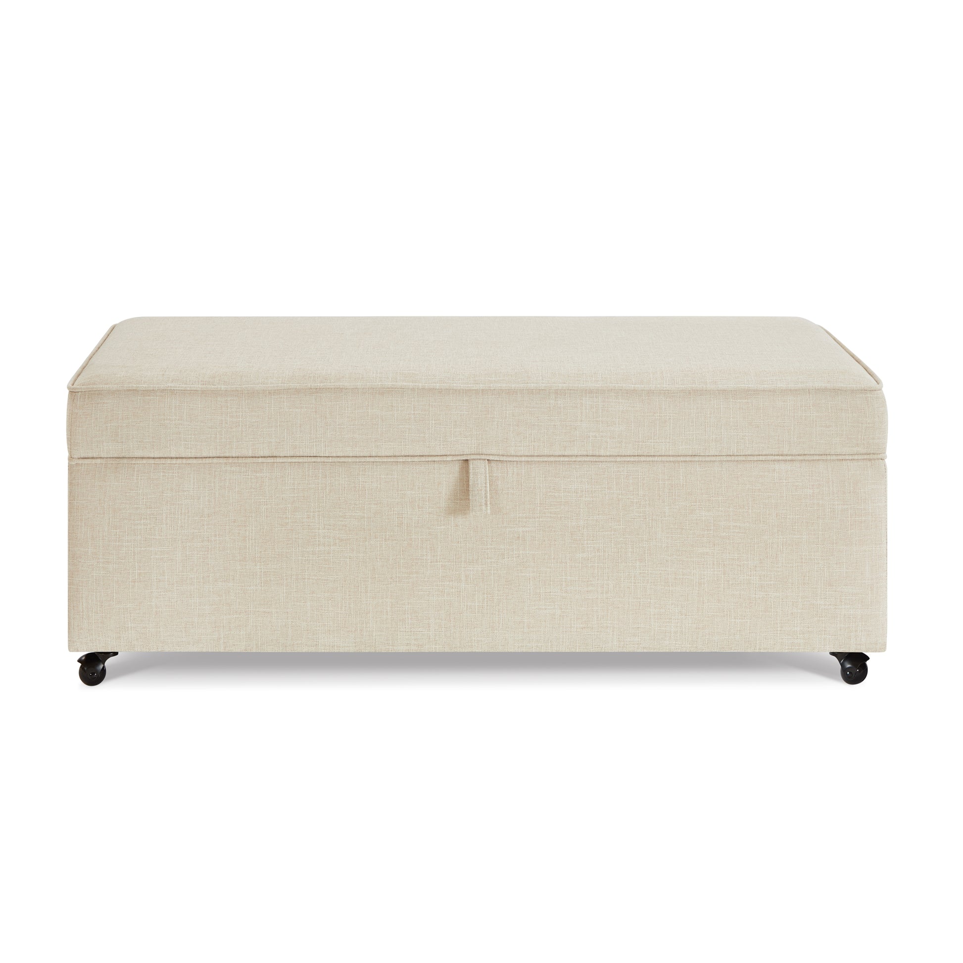 Beige linen storage ottoman with dark caster wheels