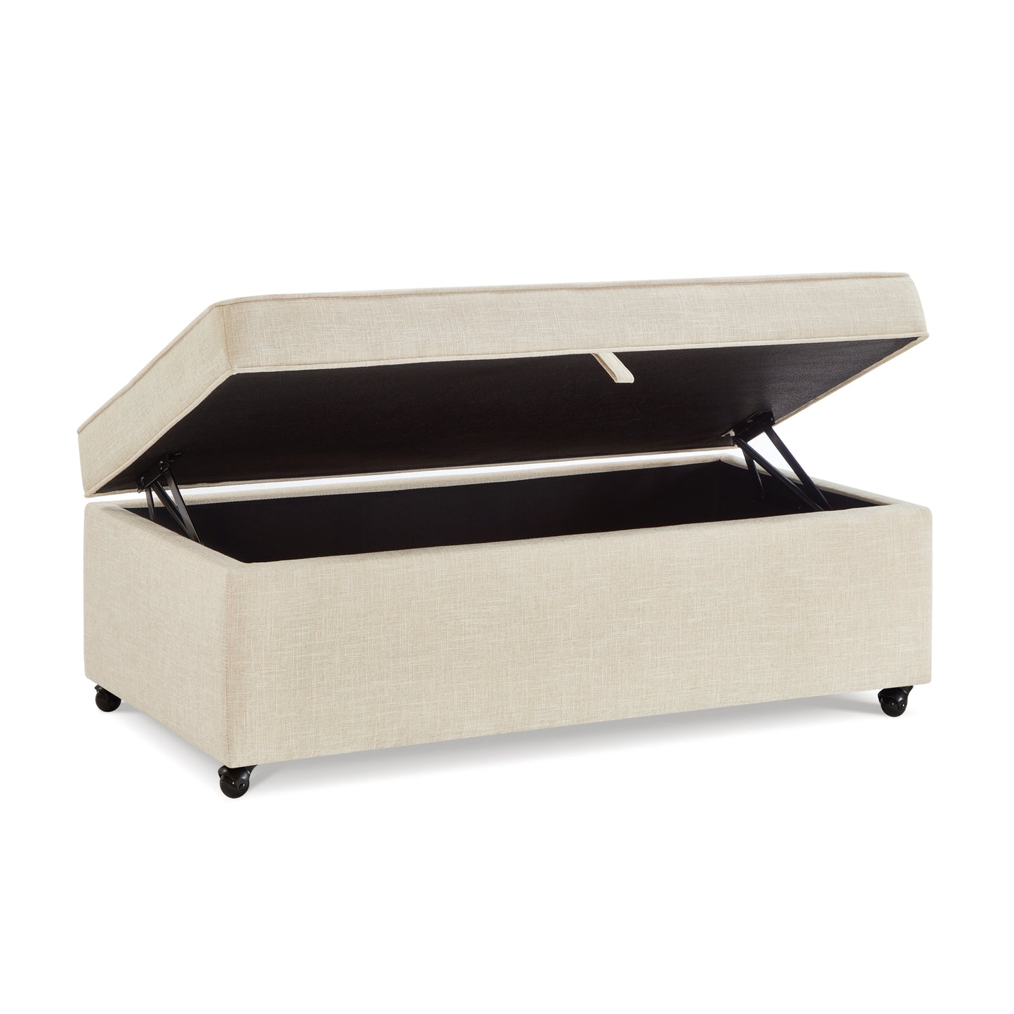Beige linen storage ottoman with hinged lid open revealing dark interior and caster wheels