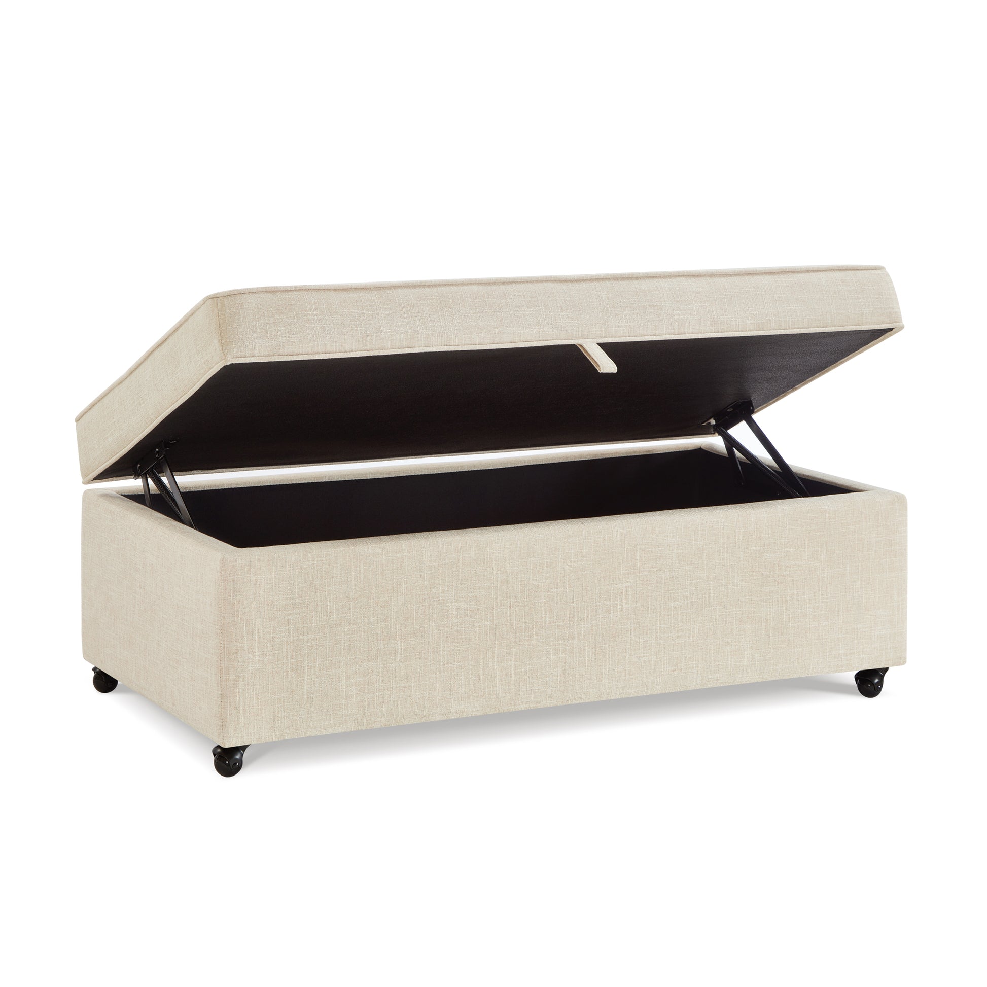Beige linen storage ottoman with hinged lid open revealing dark interior and caster wheels