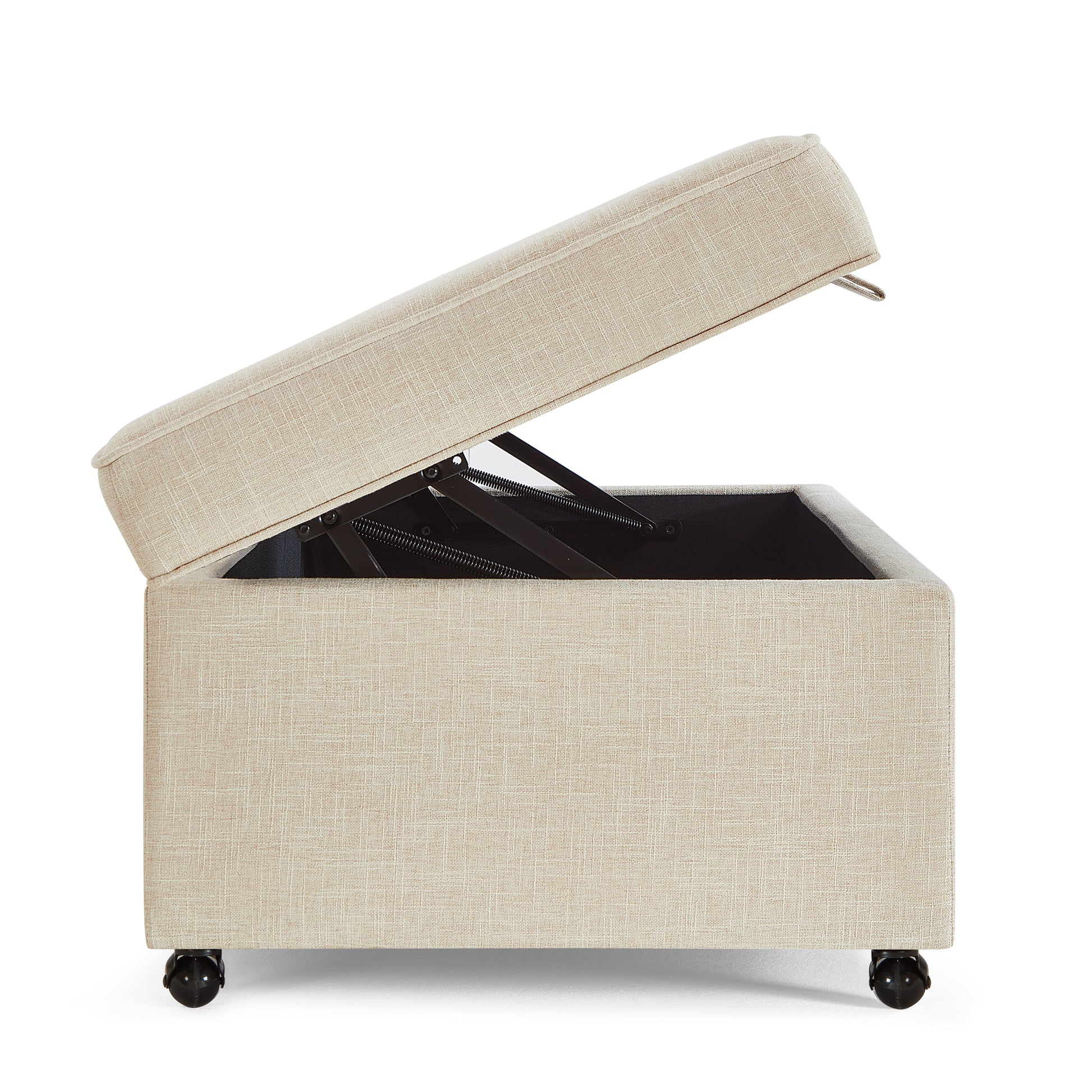 Beige linen storage ottoman with lifting lid and caster wheels