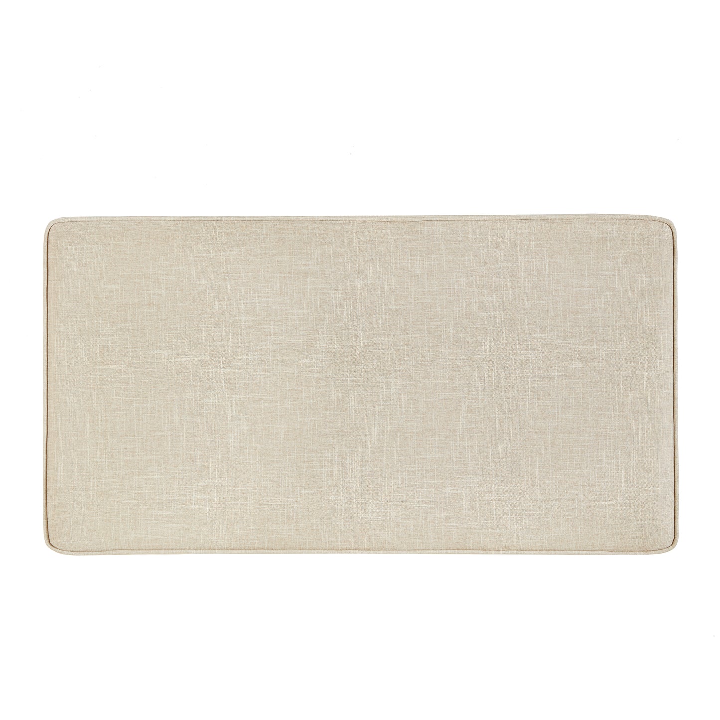 Tan linen upholstered bench cushion with piped edges