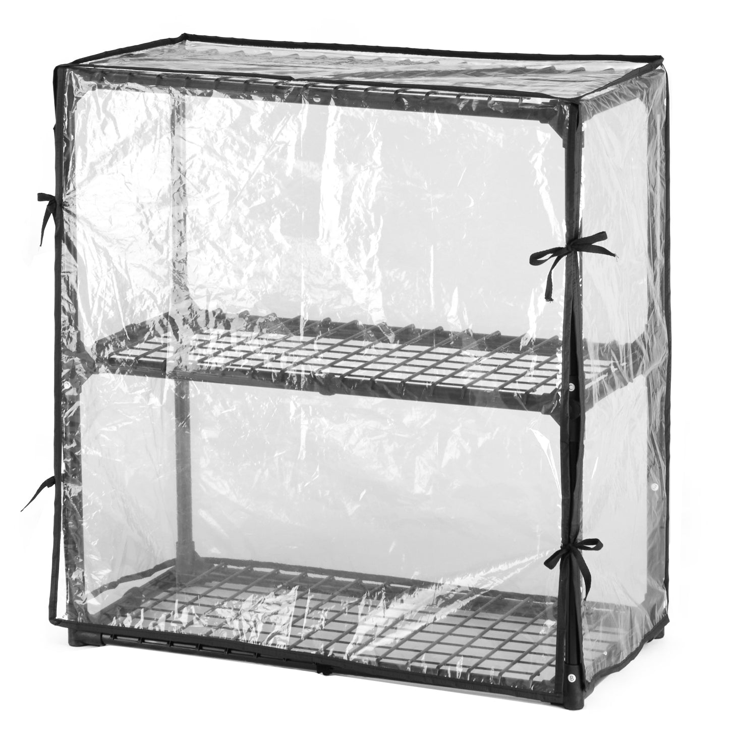 Twoshelf clear greenhouse with black frame and ties