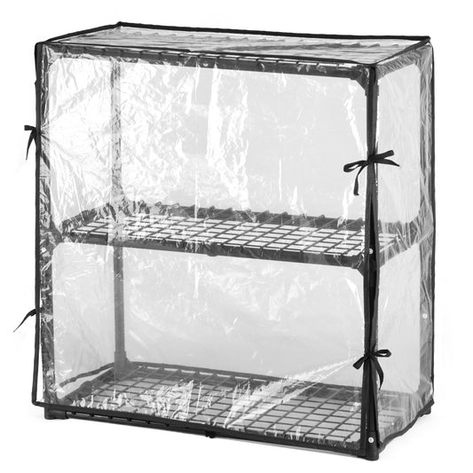 Twoshelf clear greenhouse with black frame and ties