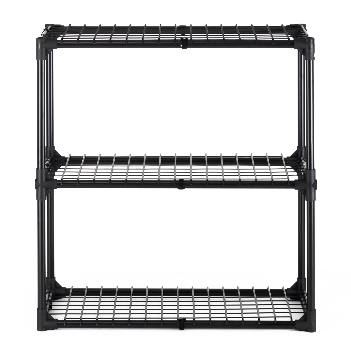 Black wire shelving unit with three tiers for home organization