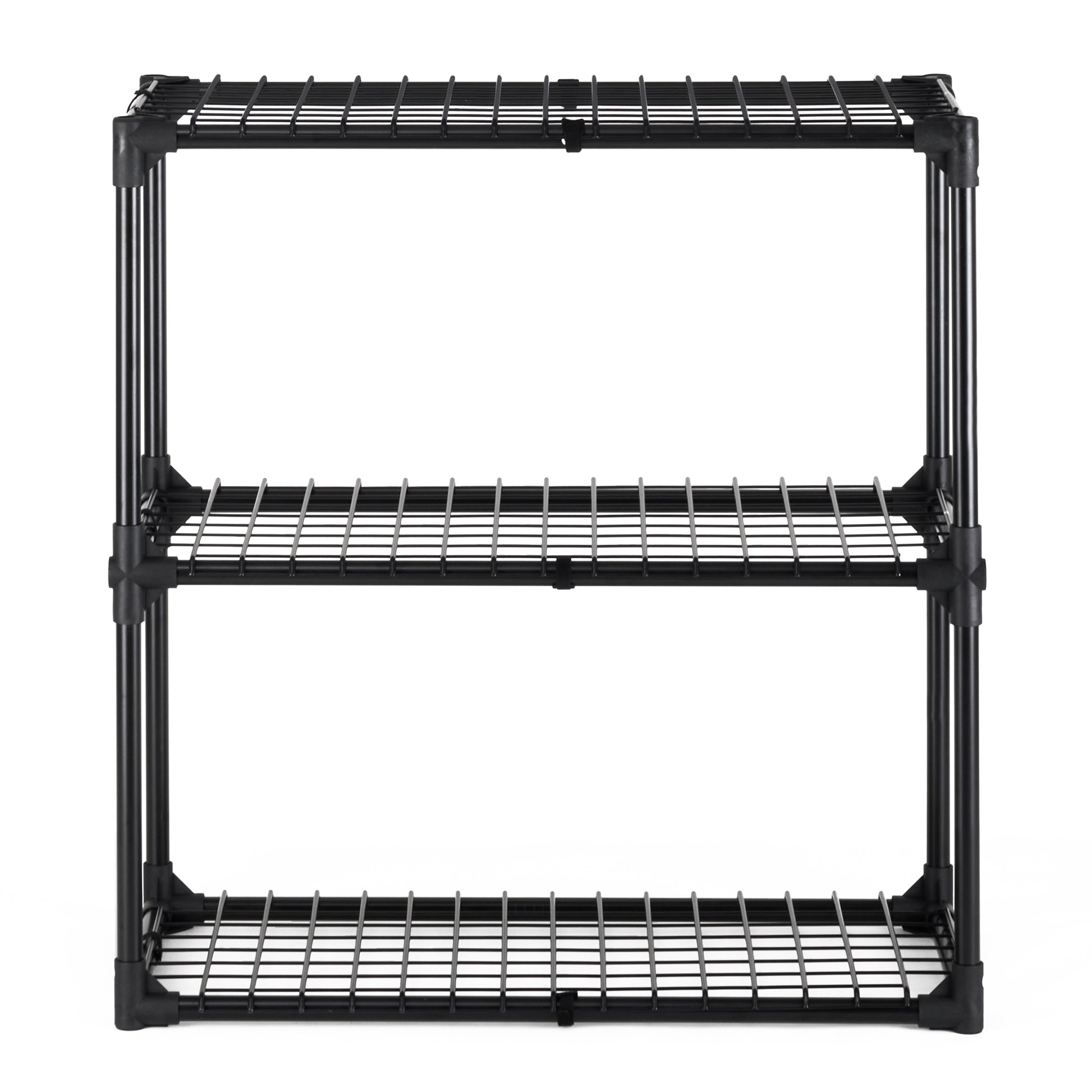Black wire shelving unit with three tiers for home organization