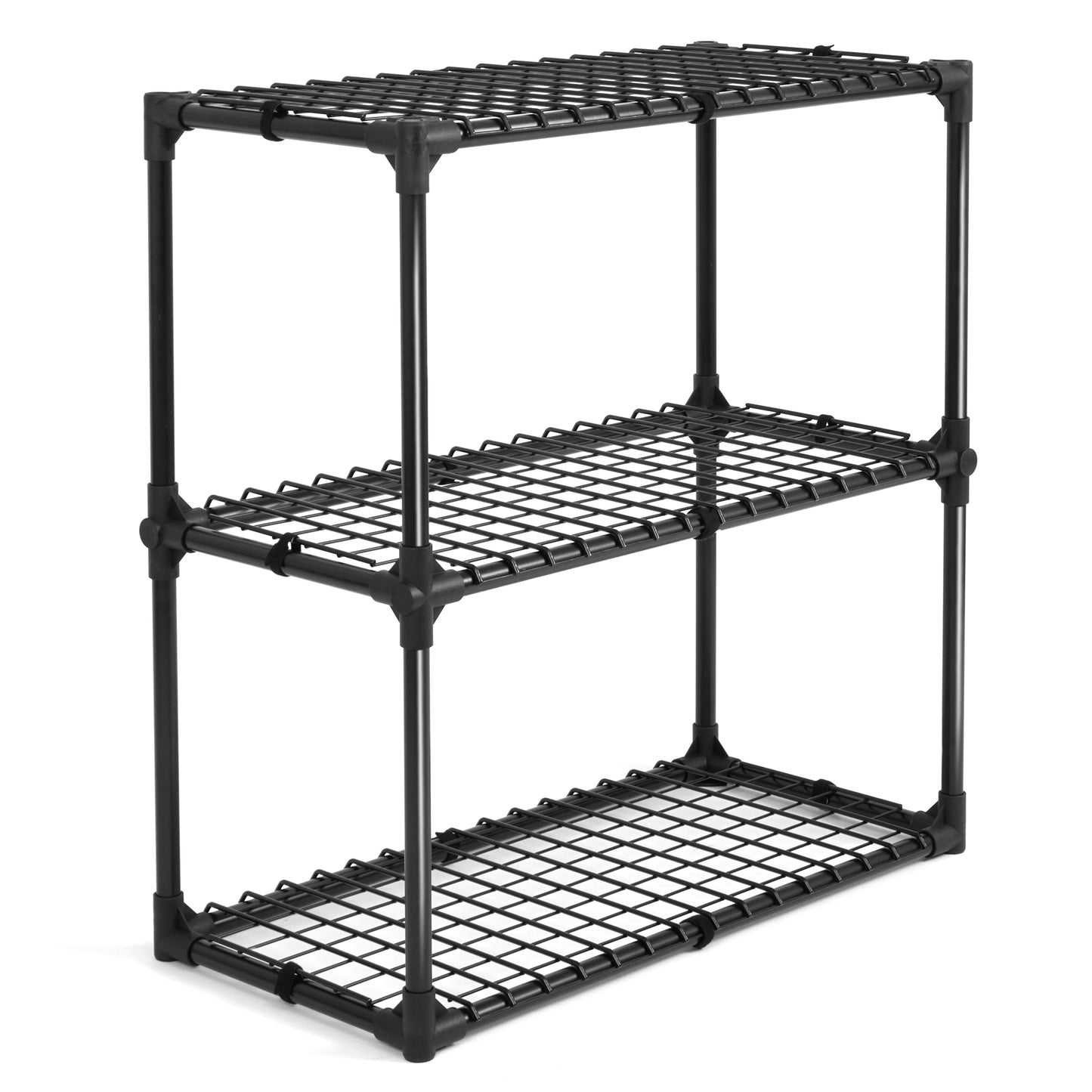 Black metal wire shelving unit with three tiers for storage