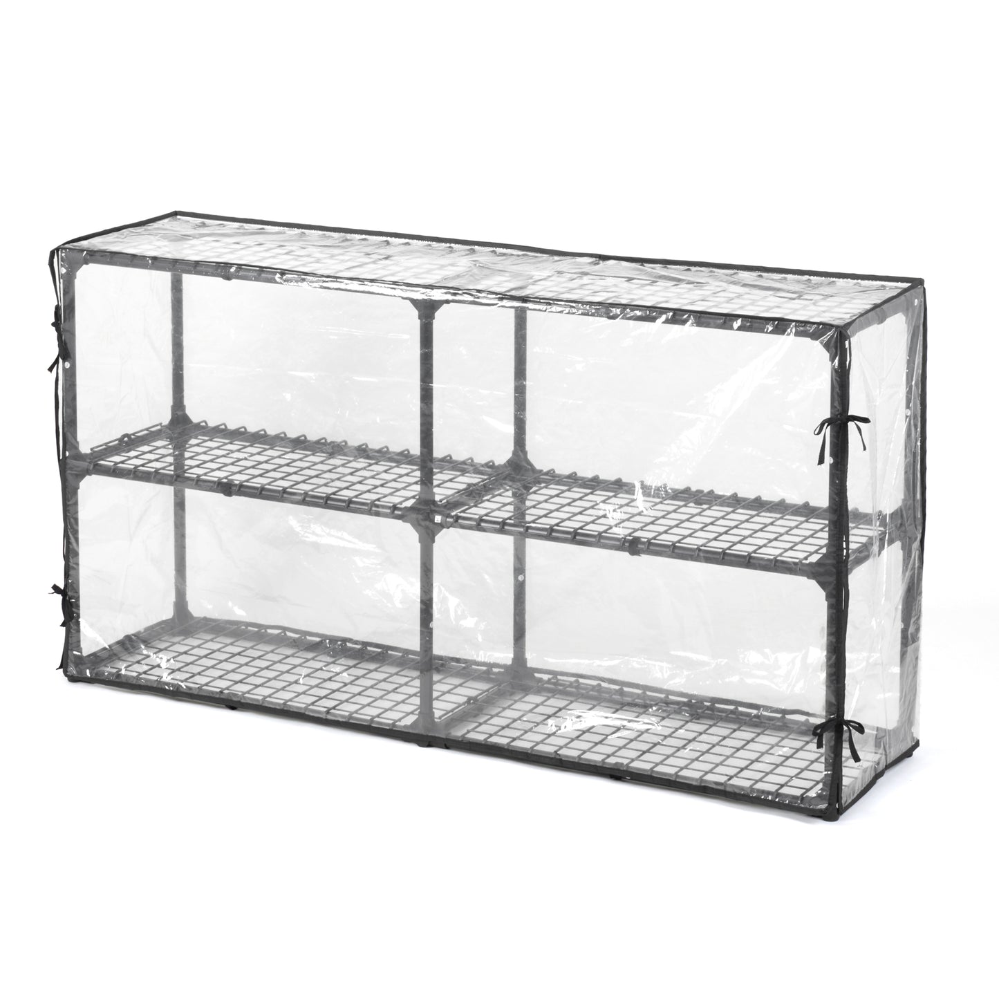 Clear PVC greenhouse with three wire mesh shelves
