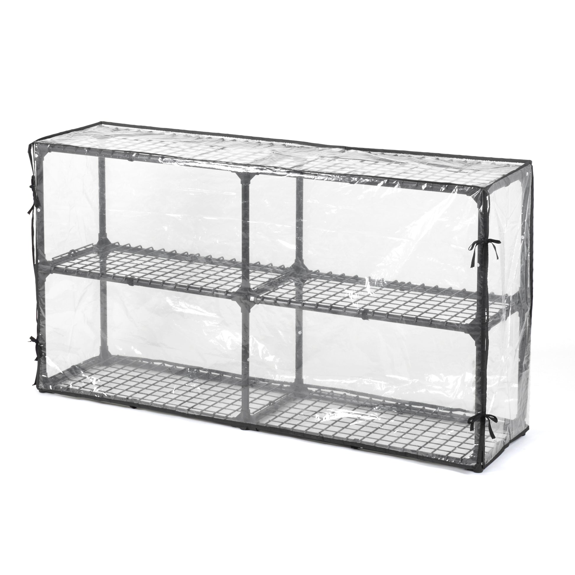 Clear PVC greenhouse with three wire mesh shelves