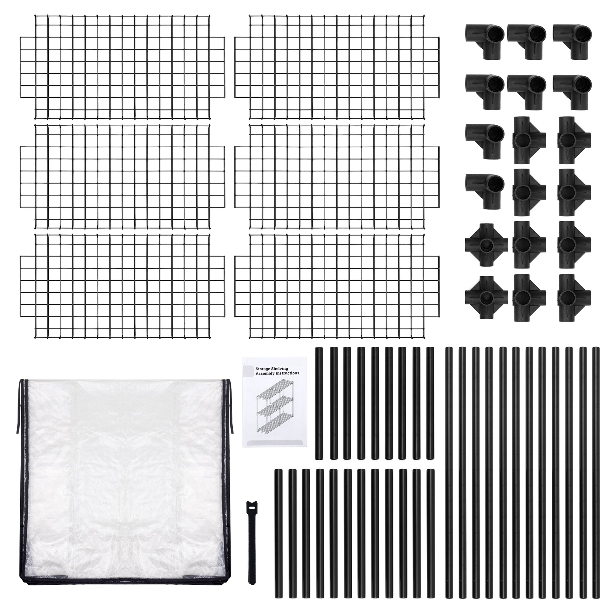 Black wire grid panels for modular shelving