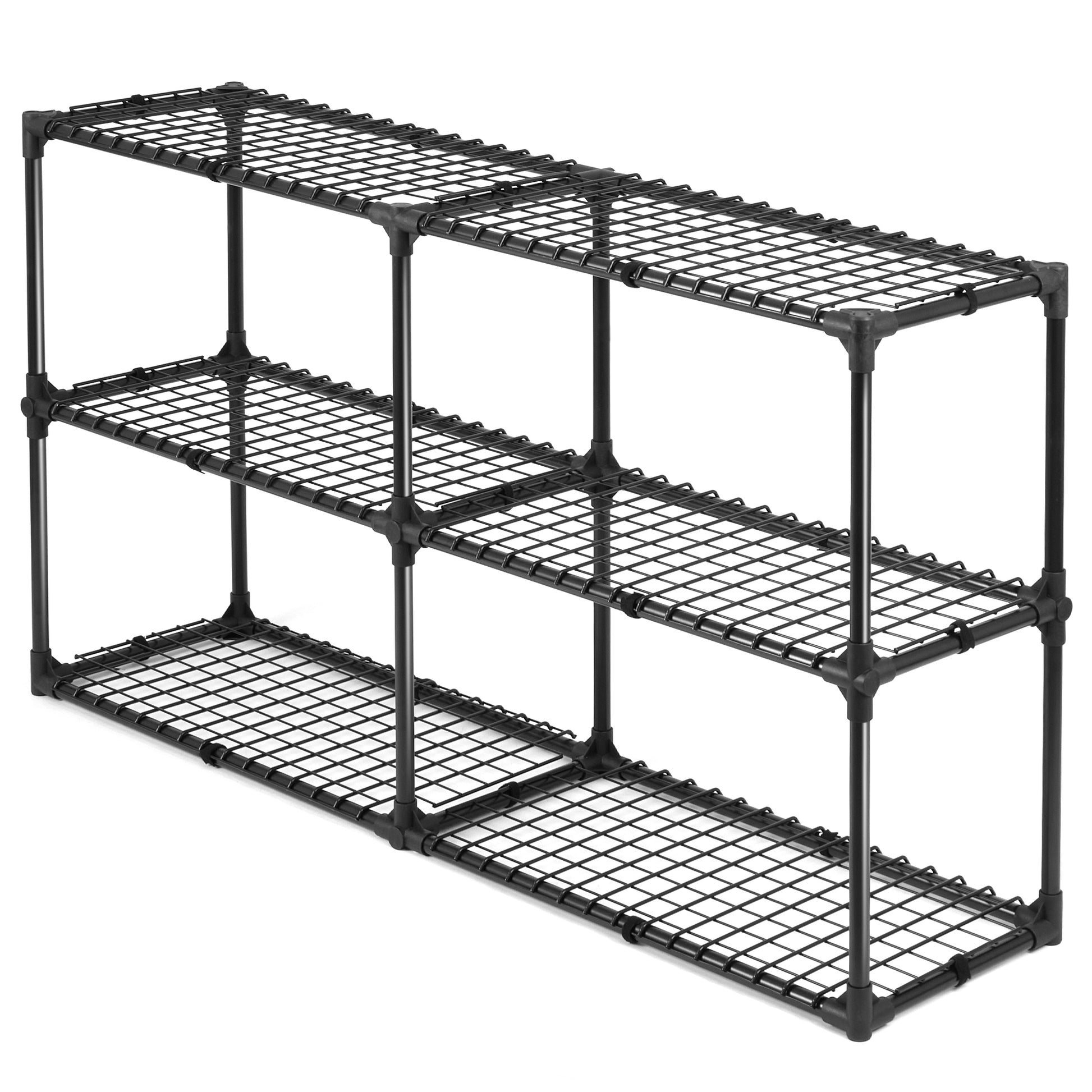 Black metal wire shelving unit with three tiers