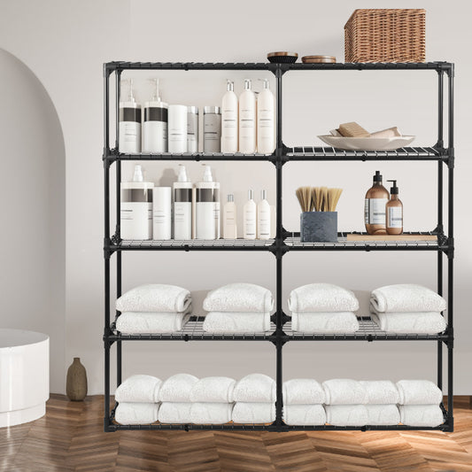 Black metal wire shelving unit holding toiletries and towels