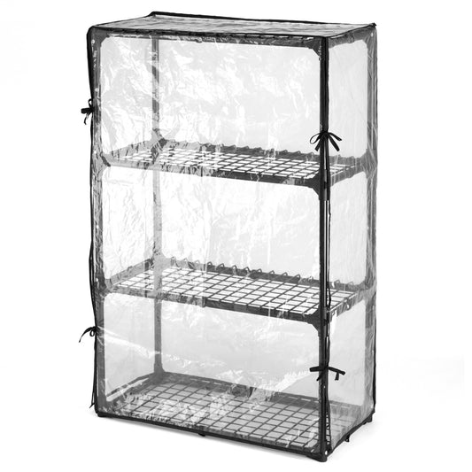 Clear plastic mini greenhouse with three shelves