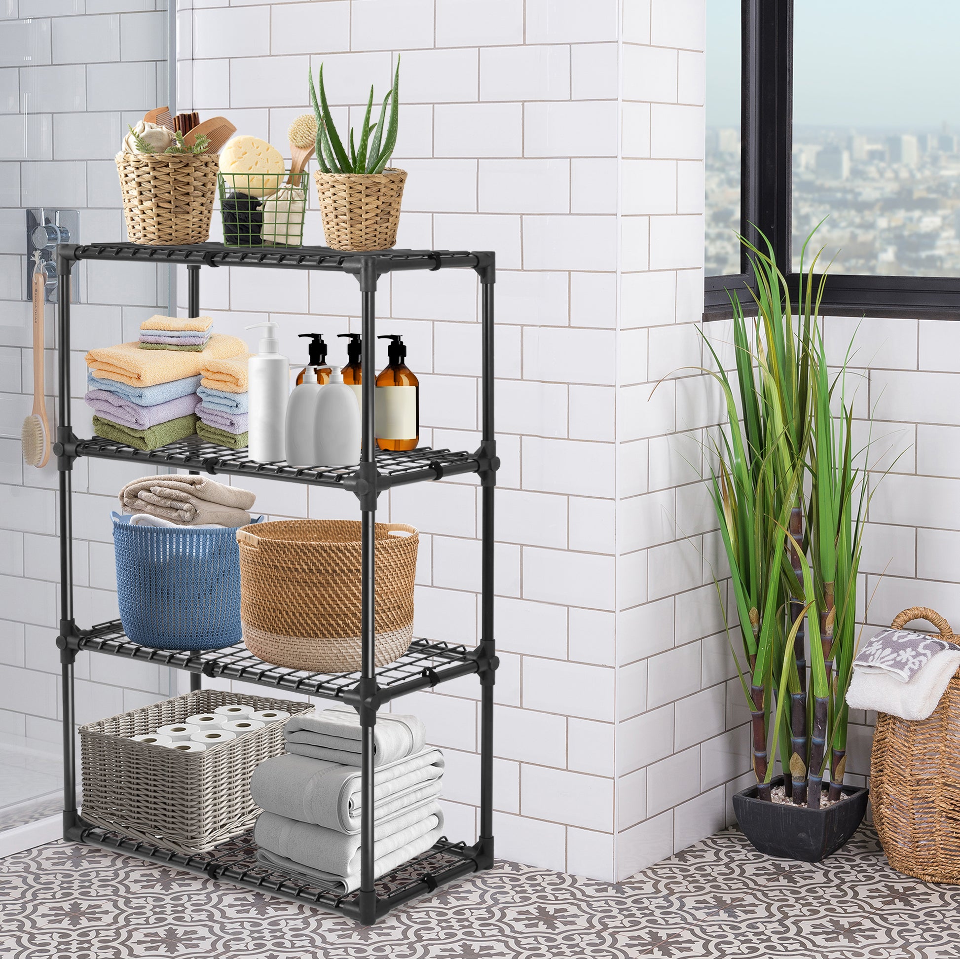 Woven storage baskets with bath accessories and aloe vera on a wire shelf