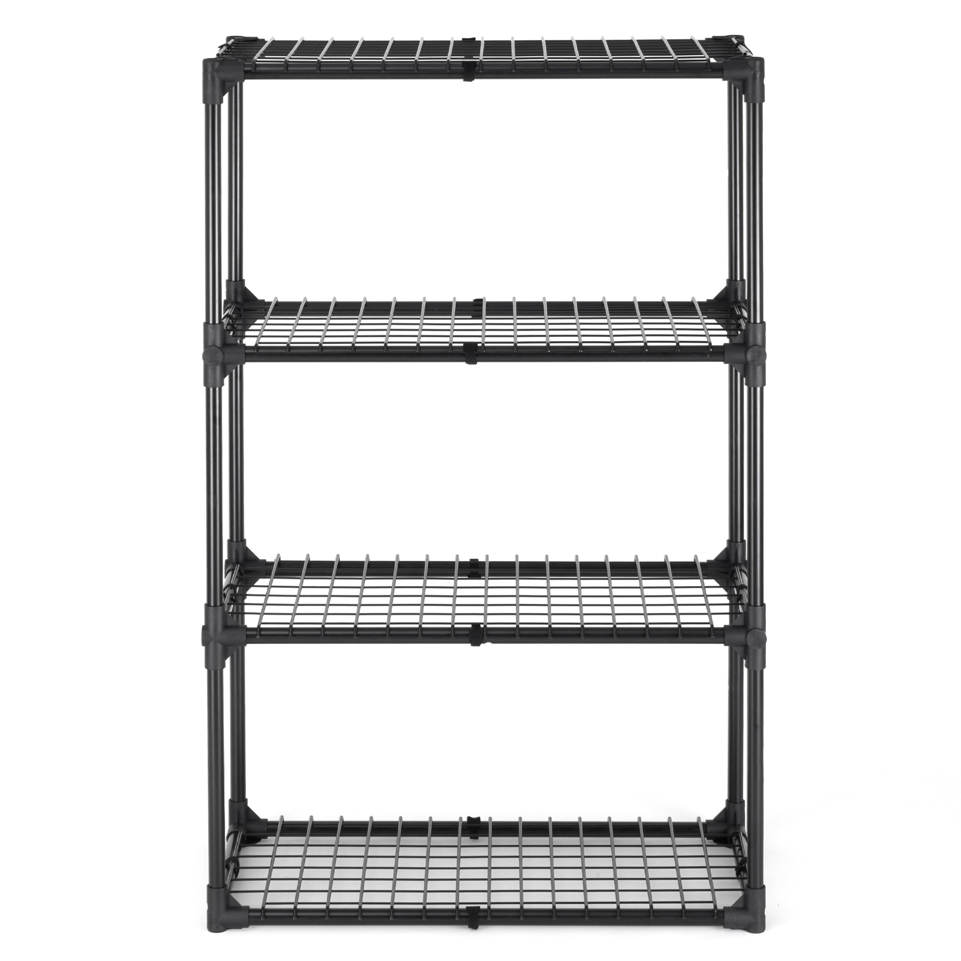 Black fourtier wire shelving unit with open grid shelves and metal frame