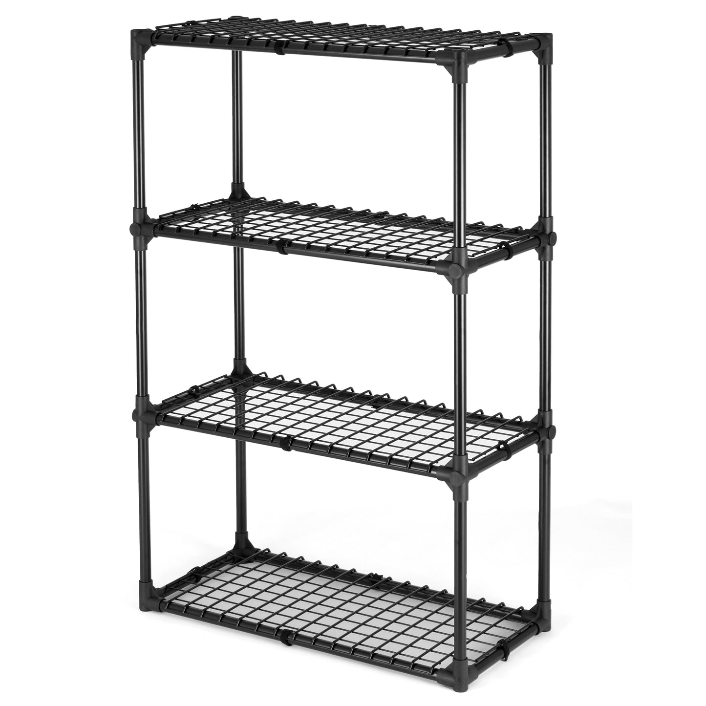 Black tier wire shelving unit with adjustable shelves ideal for garage organization