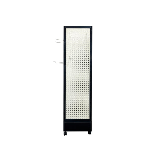 Black metal pegboard display with rolling base