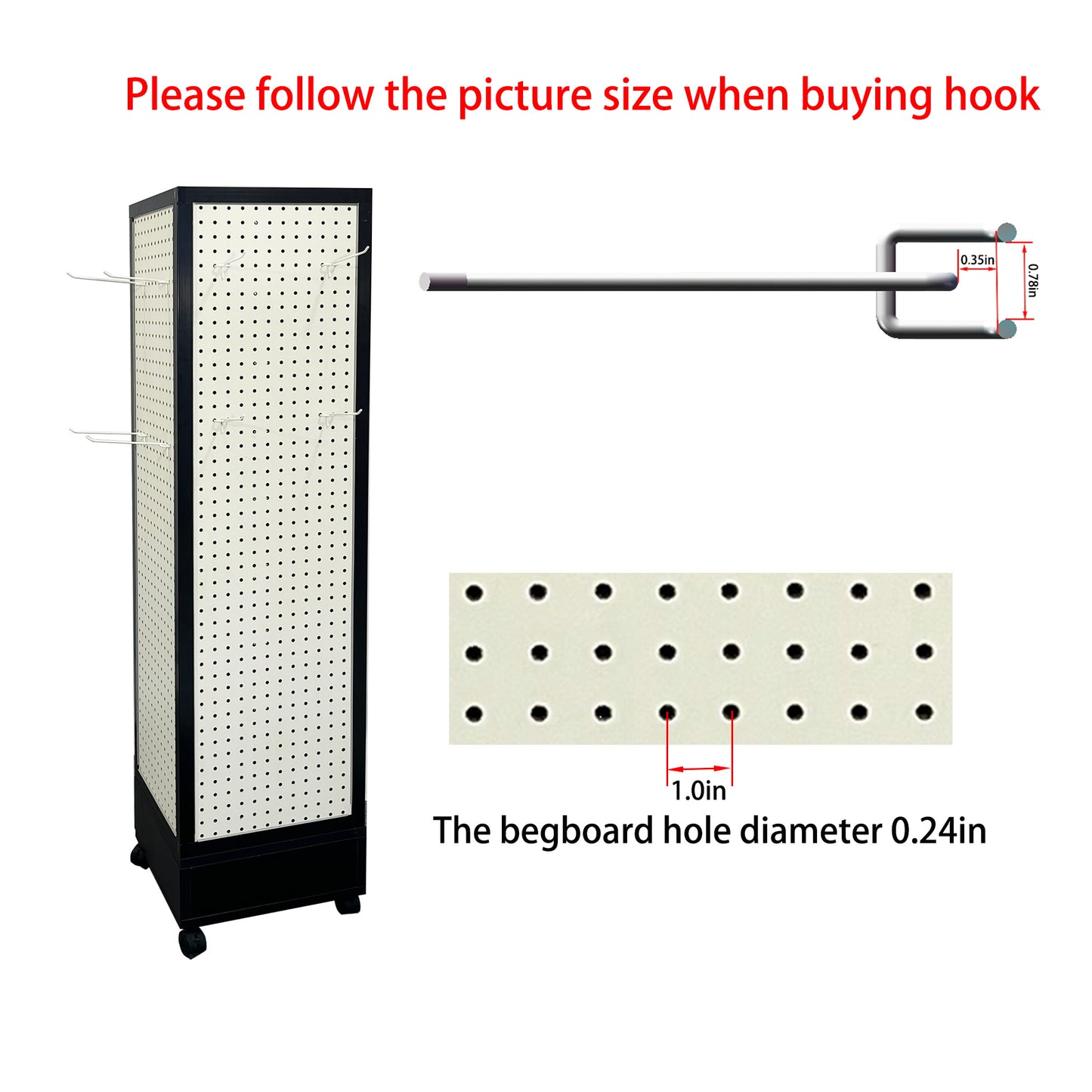Black retail display stand with white pegboard and hooks  inches tall