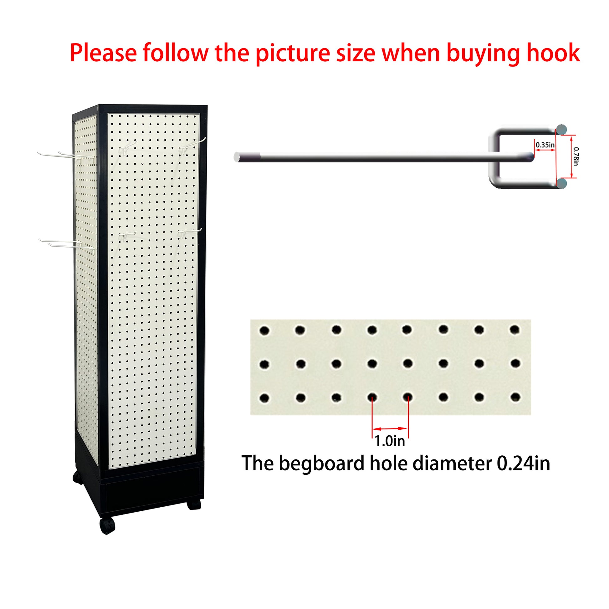 Black retail display stand with white pegboard and hooks  inches tall