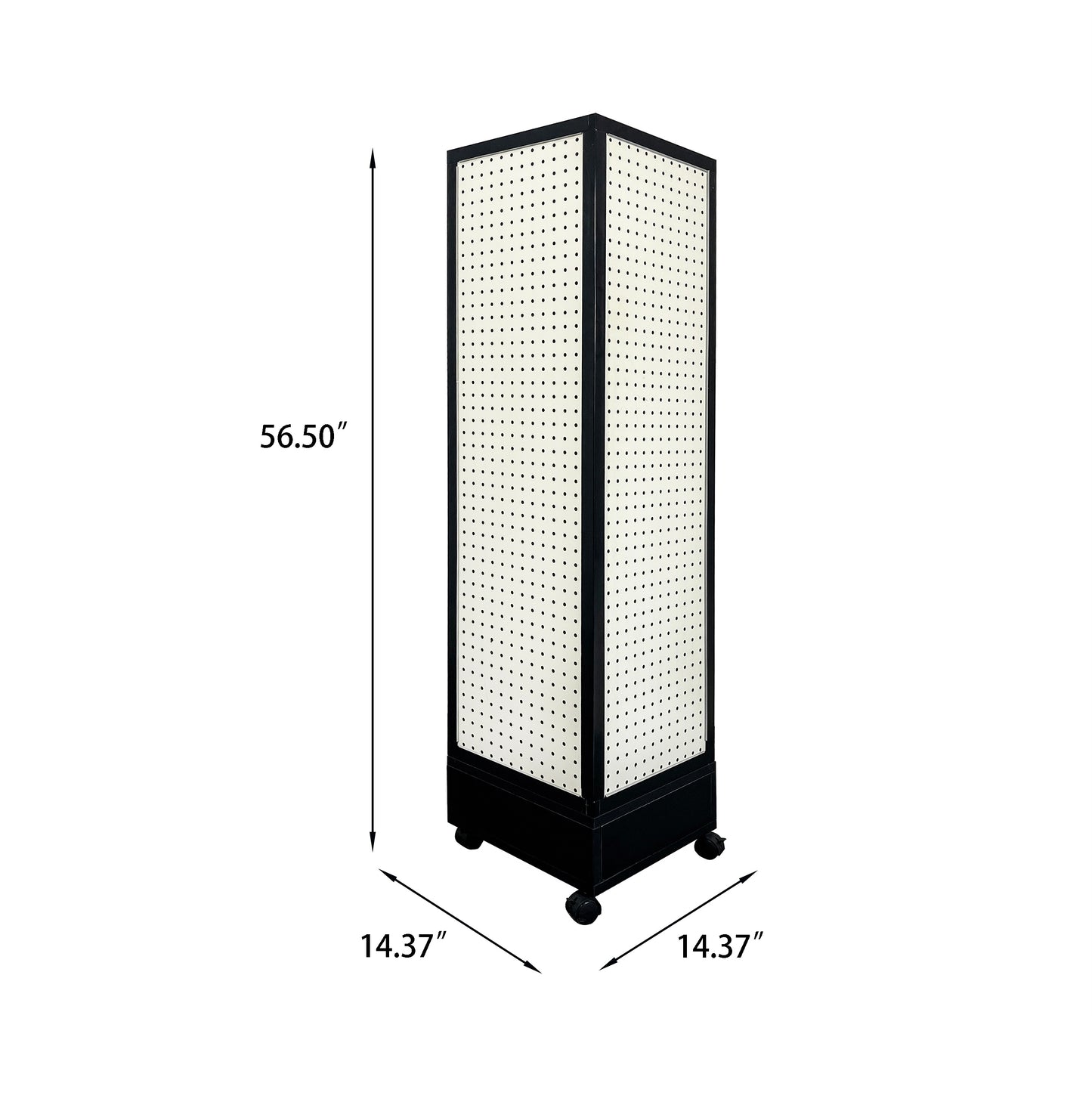Black base pegboard display tower with wheels