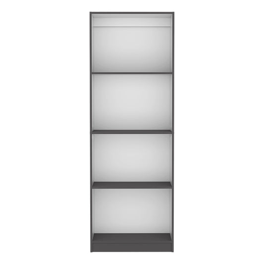 Tall grey bookcase with four shelves for storage and display