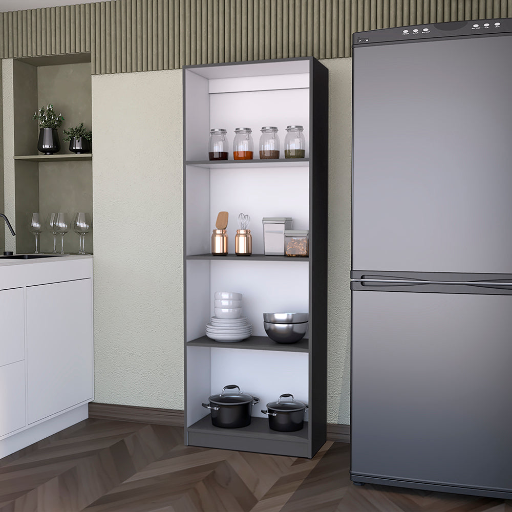 Tall gray bookshelf with white shelves holding kitchenware