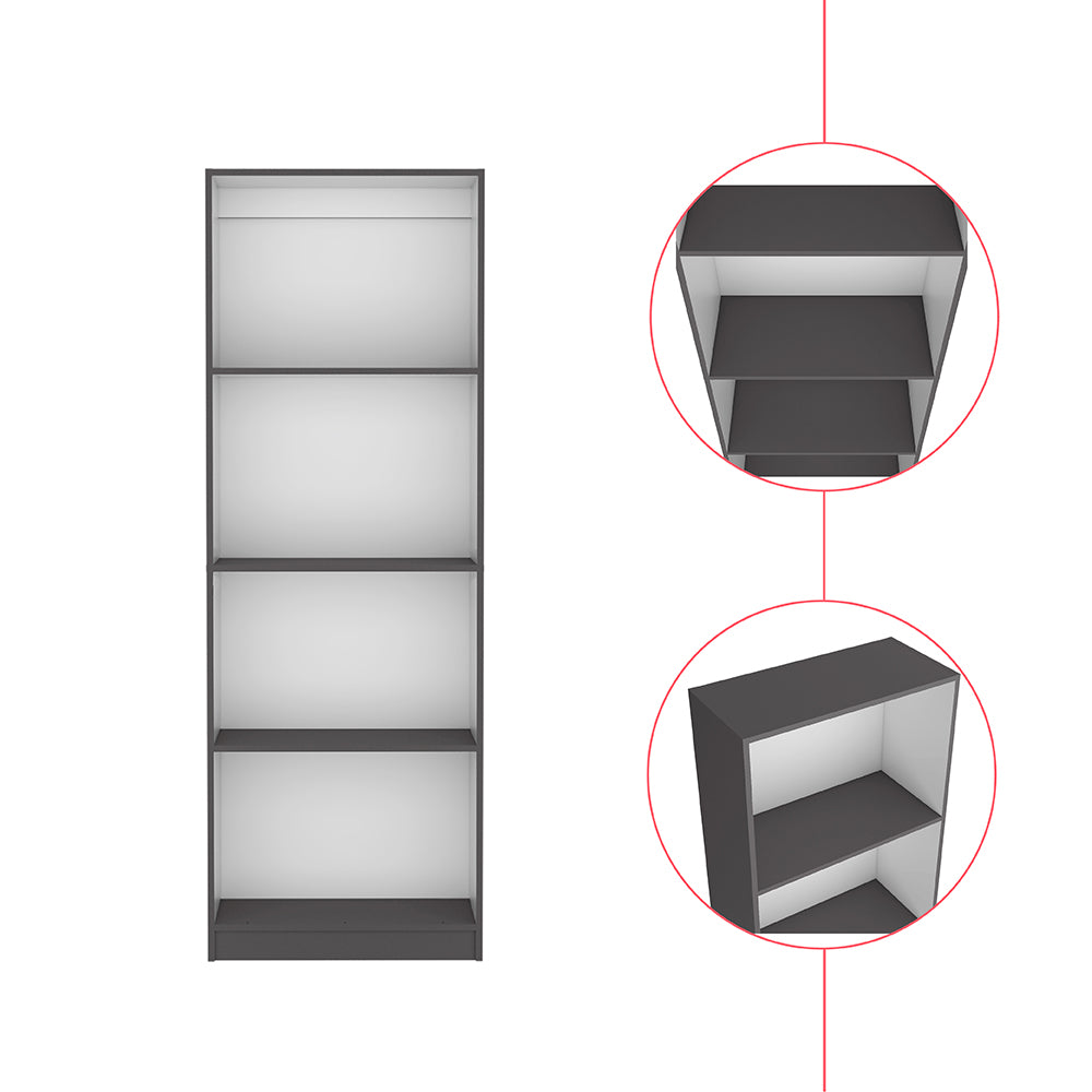 Modern grey fourshelf bookcase with white interior