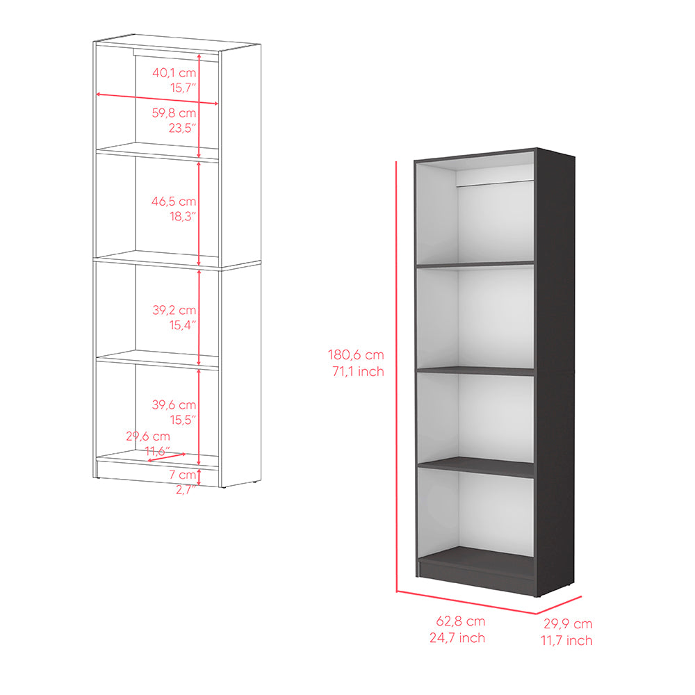 Dark gray tall fourshelf bookcase with white interior