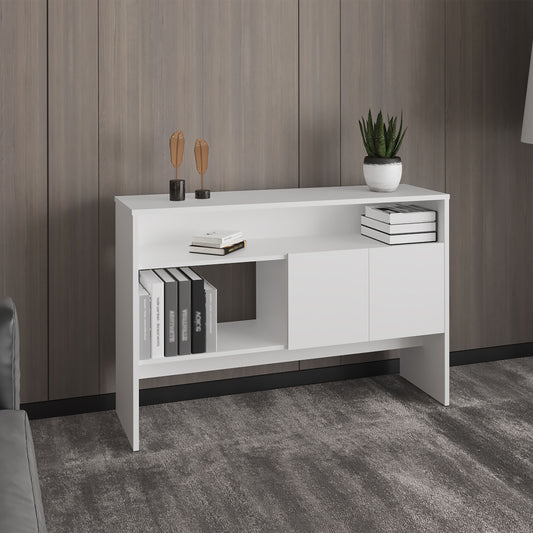 White modern media console with open shelves and closed cabinets