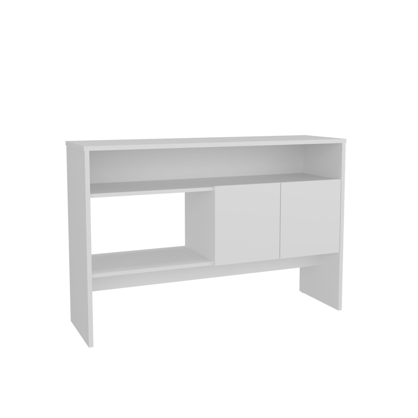 White modern entryway cabinet with two doors and open shelving