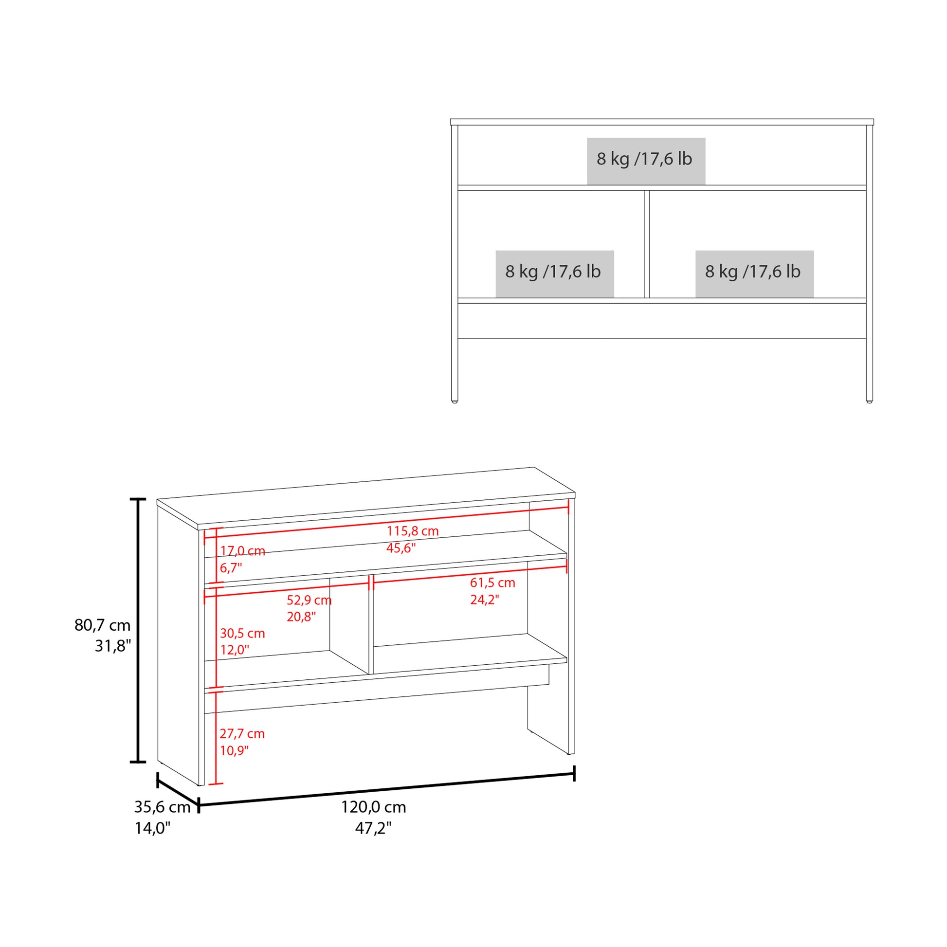 Line drawing of white shelf unit with dimensions
