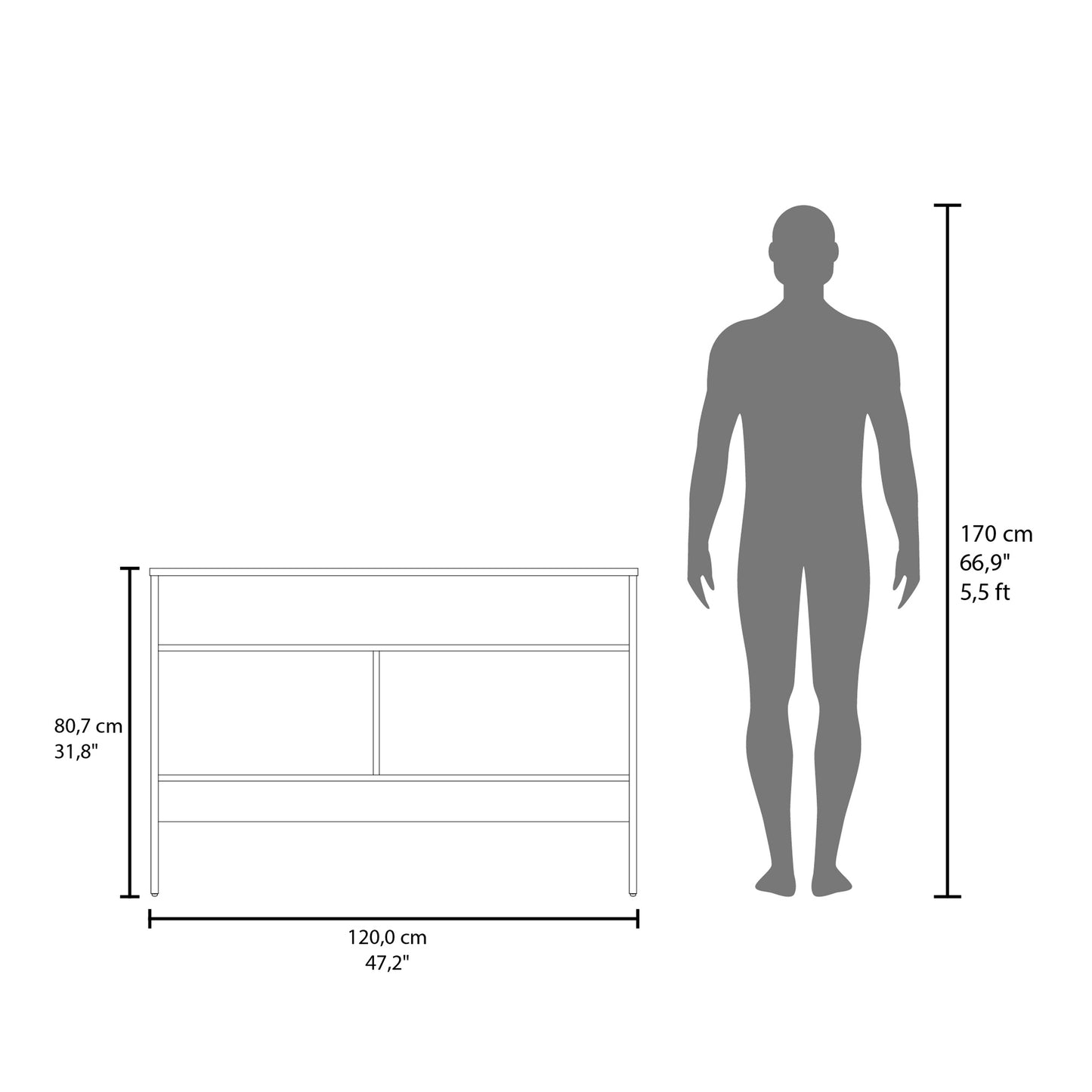 Diagram showing a cm wide vanity cabinet next to a cm tall human silhouette