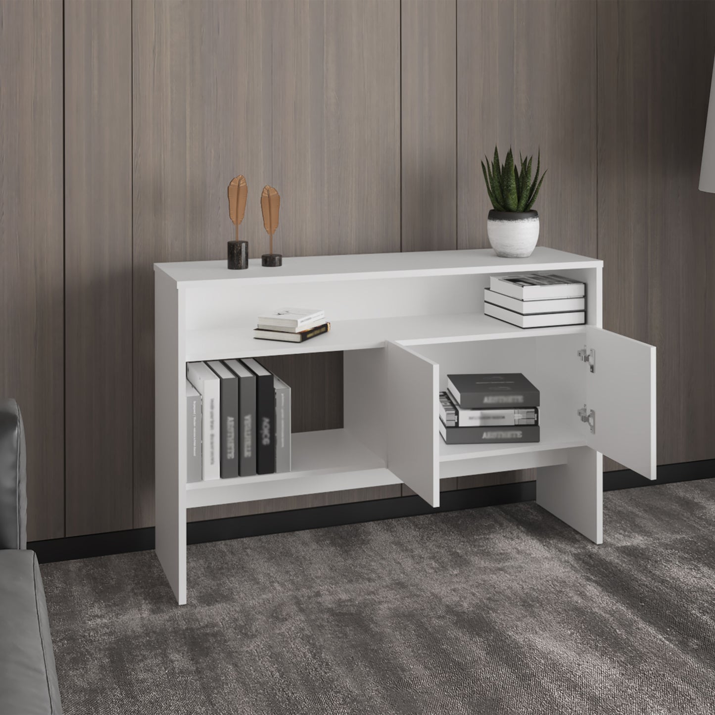 White modern media console with open shelves and cabinets