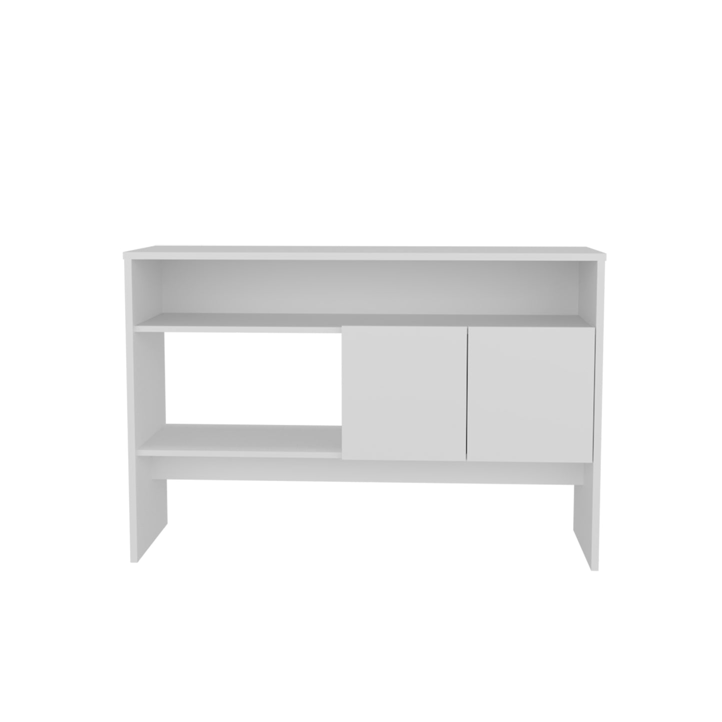 White modern bookshelf with two open shelves and two cabinet doors