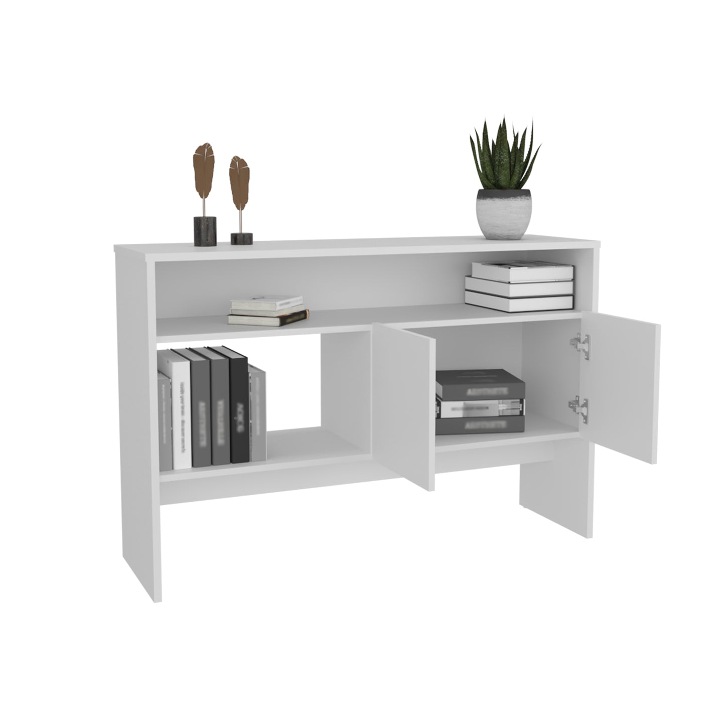 Modern white console table with open shelves and one cabinet door ajar