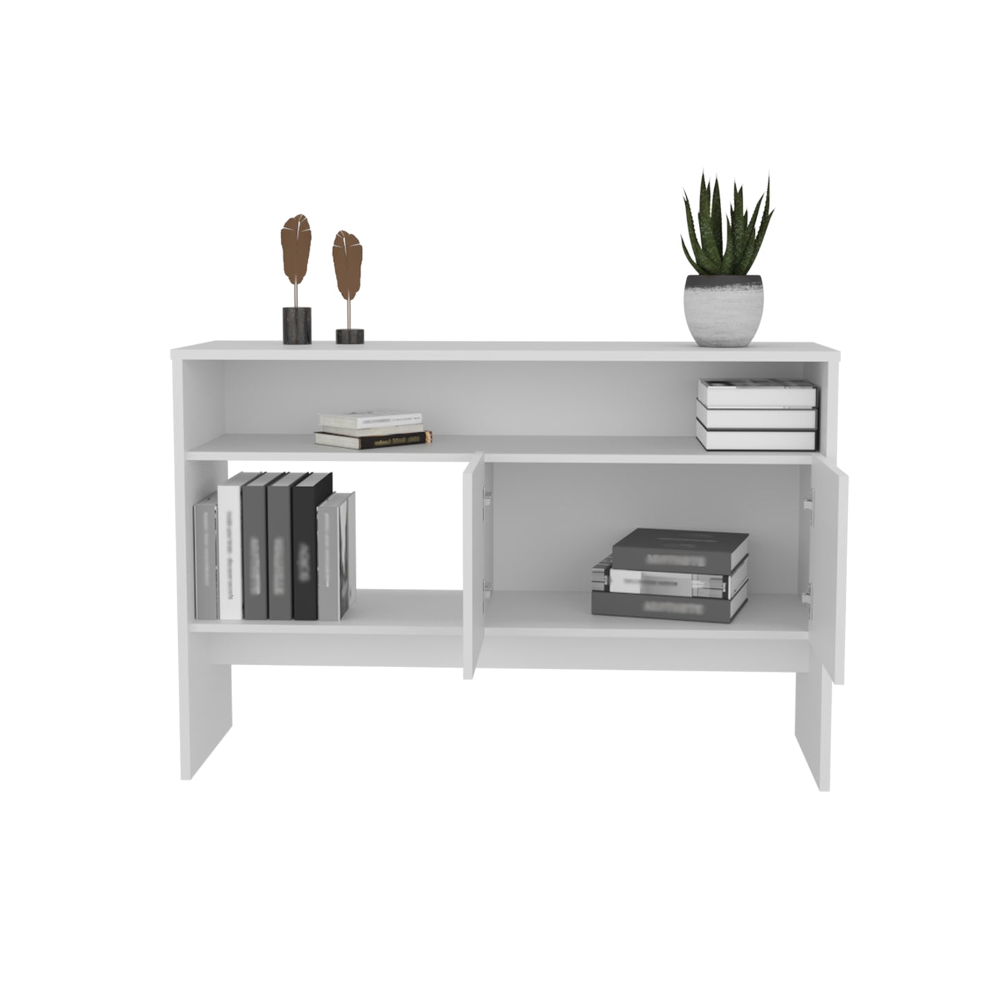 White modern sideboard with open cabinet doors and decorative items