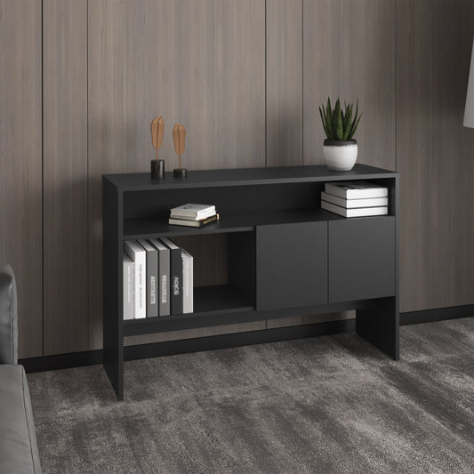 Sleek black console table with two closed cabinets and open shelves displaying books and decor